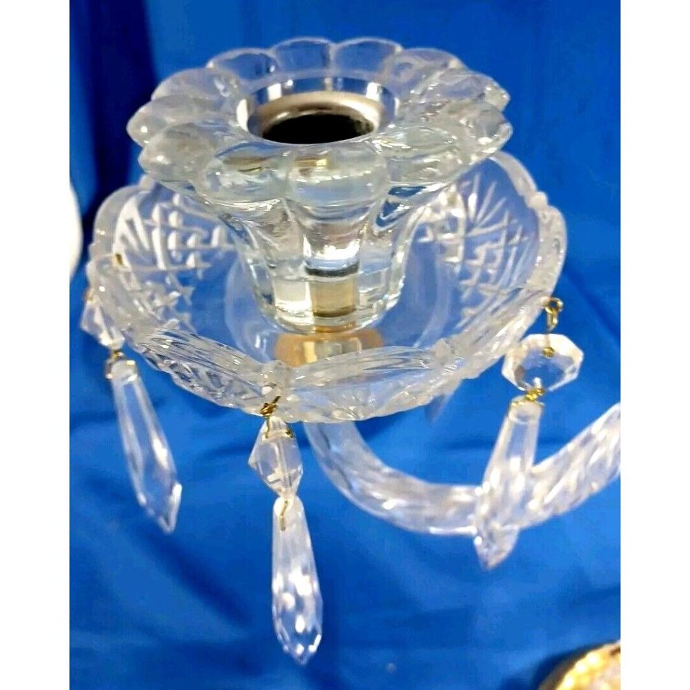 XL Cut Crystal 3 Arm Candlestick Candelabra Prisms Hollywood Regency MCM Brass - Picture 8 of 10